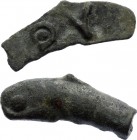 Ancient Greece Olbia AE in Shape of Dolphin 410 B.C.
Cast Bronze 1.47g; Olbia. 410-400 BC. Æ 1/10 Obol. Cast Dolphin Rev: ΘΥ Ref: Nieczitajlo 86Б