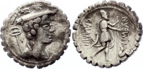 Roman Republic Denarius 80 B.C.
C. Mamilius Limetanus denarius serratus c. 82 BC. Draped bust of Mercury right, wearing winged petatos, letter and ca...