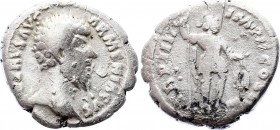 Roman Empire Denarius 161 - 180 A.D.
Marcus Aurelius. Emperor of the Roman Empire. Silver. 2.7 grams, 15 mm. VF.