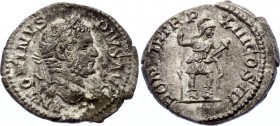 Roman Empire Denarius Caracalla 210 A.D.
RIC 117a, C 477 Denarius Obv: ANTONINVSPIVSAVG - Laureate head right. Rev: PONTIFTRPXIIICOSIII - Virtus stan...