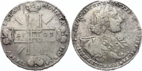 Russia 1 Rouble 1723 OK
Bit# 855 R1; Portrait with ermine mantle, Small St. Andrew Order. Star above the head. Silver. Edge inscription; Silver, VF+.