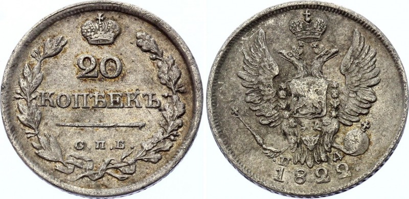 Russia 20 Kopeks 1822 СПБ ПД
Bit# 203; Silver, XF-AUNC. Remains mint luster....