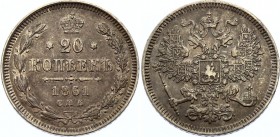 Russia 20 Kopeks 1861 СПБ
Bit# 288; Silver 3.96g