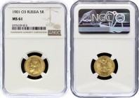 Russia 5 Roubles 1901 ФЗ NGC MS61
Bit# 27; Gold; MS61