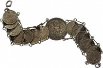 Russia Bracelet of Silver Coins XX Century
Made of silver 10 Kopeks of Nicholas II and 50 Kopeks of Alexander III.
