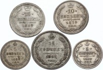 Russia Lot of Silver Coins 1860 -1905
5 pieces, Better dates, Silver, VF-XF.