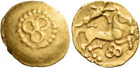 Northeast Gaul 
Treveri. Late 2nd century BC. Quarter Stater (Gold, 14 mm, 1.82 g), "au triskèle" type. Trefoil-shaped triskeles within a dotted circ...