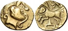 Northeast Gaul 
Treveri. Late 2nd century BC. Quarter Stater (Gold, 13 mm, 1.92 g, 12 h), "à la tête cornue" type. Highly celticized male head to rig...