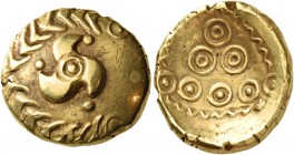 Central Europe 
Vindelici. Early 1st century BC. Stater (Gold, 18 mm, 7.21 g, 3 h), "Regenbogenschüsselchen" type. Triskeles within a wreath-like tor...