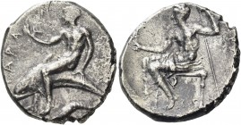 Calabria 
Tarentum. Circa 440 - 425 BC. Nomos or Didrachm (Silver, 21 mm, 7.50 g, 4 h). TAPA-N-TINΩN Phalanthos, nude, riding dolphin to left, holdin...