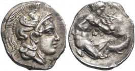 Calabria 
Tarentum. Circa 380-325 BC. Diobol (Silver, 12.5 mm, 1.27 g, 6 h). Head of Athena to right, wearing Attic helmet adorned with a hippocamp. ...