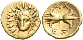 Calabria 
Tarentum. Circa 333-331/0 BC. Hemilitra (Gold, 8 mm, 0.65 g, 7 h), period of Alexander the Molossian, King of Epeiros, 350-330 BC. Radiate ...