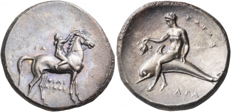 Calabria 
Tarentum. Circa 302-280 BC. Didrachm or nomos (Silver, 23 mm, 7.86 g,...