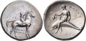 Calabria 
Tarentum. Circa 302-280 BC. Didrachm or nomos (Silver, 23 mm, 7.86 g, 10 h), struck under the magistrates Philiarchos, Sa... and Aga.... ΦI...