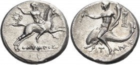 Calabria 
Tarentum. Circa 240-228 BC. Nomos (Silver, 21.5 mm, 6.48 g, 5 h), struck under the magistrate Olympis. OΛYMΠIΣ Cuirassed warrior, brandishi...