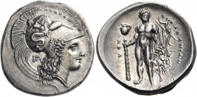 Lucania 
Herakleia. Circa 330-320 BC. Didrachm or nomos (Silver, 23 mm, 7.91 g, 7 h), signed by the engraver Atha.... ?ΗΡΑΚΛΗΙΩΝ Head of Athena to ri...