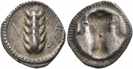 Lucania 
Metapontum. Circa 470-440 BC. Triobol (Silver, 13 mm, 1.36 g, 6 h). ΜΕΤ Ear of barley. Rev. Bull’s head incuse. HN III 1487. Noe 279. Toned ...