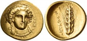Lucania 
Metapontum. Time of Kleonymos, circa 302 BC. Third stater (Gold, 13.5 mm, 2.57 g, 5 h), Achaian standard. NIKA Head of Nike facing, turned s...