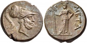 Lucania 
Metapontum. Circa 300-250 BC. Chalkous (Bronze, 17 mm, 4.62 g, 11 h). Bearded head of Leukippos to right, wearing crested Corinthian helmet ...