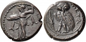 Lucania 
Metapontum. Circa 300-250 BC. Chalkous (Bronze, 15 mm, 3.49 g, 10 h). Athena Alkidemos advancing to left, brandishing spear with her right h...