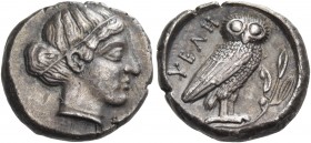 Lucania 
Velia. Circa 465-440 BC. Drachm (Silver, 15 mm, 4.02 g, 12 h). Head of a nymph to right, her hair turned up and bound with a taenia. Rev. ΥΕ...