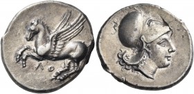 Bruttium 
Lokroi Epizephyrioi. Circa 350-275 BC. Stater (Silver, 22.5 mm, 8.61 g, 1 h), signed by M.... ΛO Pegasus with straight wings flying to left...