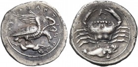 Sicily 
Akragas. Circa 410-406 BC. Litra (Silver, 13.5 mm, 0.75 g, 3 h). ΑΚΡΑΓΑΝΤΙΝΟΝ Two eagles standing right on dead hare, the nearer with closed ...