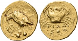 Sicily 
Akragas. 406 BC. Dilitron (Gold, 11 mm, 1.33 g, 10 h). ΑΚRΑ Eagle with closed wings perching on rock to left, tearing at serpent; on rock, tw...