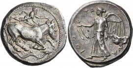 Sicily 
Katane. Circa 461-450 BC. Tetradrachm (Silver, 27.5 mm, 16.97 g, 4 h). Man-headed bull, the river god Amenanos, walking to right; above, alon...