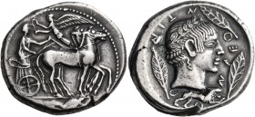 Sicily
Leontini. Circa 466-460 BC. Tetradrachm (Silver, 28 mm, 17.14 g, 7 h), with dies by the Demareteion Master. Quadriga, driven by a male chariot...