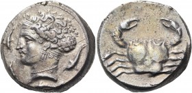 Sicily 
Motya. Circa 405-397 BC. Tetradrachm (Silver, 24 mm, 17.05 g, 6 h). Head of Arethusa to left, wearing ampyx and sphendone, triple- pendant ea...