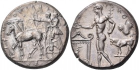 Sicily 
Selinos. Circa 455-409 BC. Tetradrachm (Silver, 25 mm, 16.78 g, 4 h). ΣΕΛΙΝΟΝΤΙΟΣ (retrograde) Apollo and Artemis standing left in a quadriga...