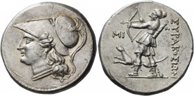 Sicily 
Syracuse. Fifth Democracy, 214-212 BC. 12 Litrai. Silver (24 mm, 10.16 g, 3h). Head of Athena to left, wearing crested Corinthian helmet with...