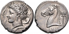 Sicily 
Unlocated Punic Mint, Lilybaion or Entella. 320/315-300 BC. Tetradrachm (Silver, 26.5 mm, 17.18 g, 10 h). Head of Persephone to left, wearing...