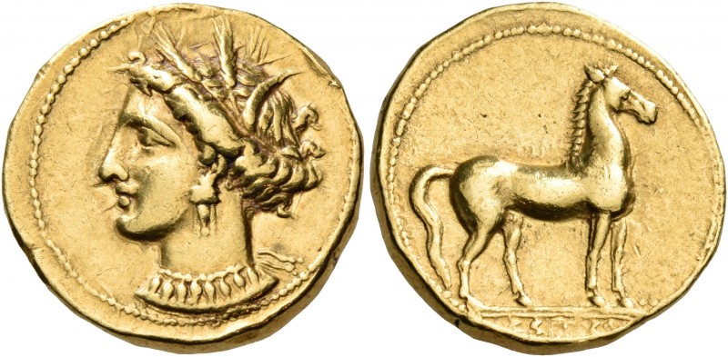 Carthage 
Circa 350-320 BC. Stater (Gold, 19 mm, 9.49 g, 3 h). Head of Tanit to...