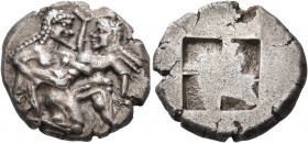 Islands off Thrace 
Thasos. Circa 500-463 BC. Stater (Silver, 21 mm, 9.40 g). Nude ithyphallic Satyr moving to right in the archaic ‘running-kneeling...