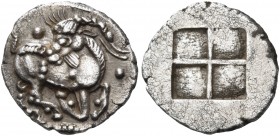 Thraco-Macedonian Tribes 
Mygdones or Krestones. Circa 490-485 BC. 1/8 Stater (Silver, 12 mm, 1.09 g). Goat kneeling right on pelleted ground line, h...