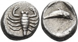 Thraco-Macedonian Tribes 
Uncertain. Mid - later 5th century BC. Diobol (Silver, 10 mm, 1.03 g, 10 h). Scorpion, shown vertically. Rev. Dolphin swimm...