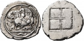 Macedon 
Akanthos. Circa 478-465 BC. Tetradrachm (Silver, 30 mm, 17.22 g), c. 470. Lion to right, attacking bull, collapsing to left with head raised...