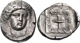 Macedon 
Amphipolis. 365/4 BC. Tetradrachm (Silver, 23x18 mm, 14.44 g, 4 h). Laureate head of Apollo, three-quarter facing to right, with light drape...