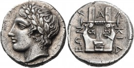 Macedon 
Chalkidian League. Olynthos. Circa 432-348 BC. Tetradrachm (Silver, 23 mm, 14.08 g, 6 h), Am..., 412-410. Laureate head of Apollo to left, s...