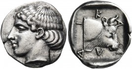Macedon 
Dikaia. Circa 450-425/0 BC. Tetrobol (Silver, 14 mm, 2.29 g, 1 h). Head of a nymph to left, her hair in waves around her head and a bun at t...
