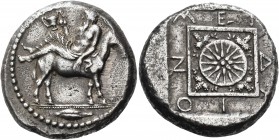 Macedon 
Mende. Circa 460-423 BC. Tetradrachm (Silver, 24.5 mm, 16.18 g, 4 h), c. 430-423. Dionysos, bearded and wearing a decorated himation, holdin...