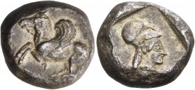 Akarnania 
Leukas. Circa 500-480 BC. Stater (Silver, 17 mm, 8.45 g, 1 h). Λ Pegasos flying to left, with curved wings and bridle. Rev. Head of Athena...