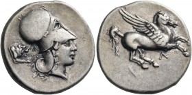 Akarnania 
Leukas. Circa 350-320 BC. Stater (Silver, 22 mm, 8.45 g, 12 h). Pegasus flying right with straight wings; below, Λ. Rev. Head of Athena to...