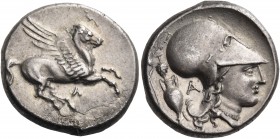 Akarnania 
Leukas. Circa 350-300 BC. Stater (Silver, 20 mm, 8.47 g, 6 h). Λ Pegasos flying right. Rev. Helmeted head of Athena to right; behind neck,...