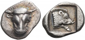 Phokis 
Federal Coinage. Circa 485-480 BC. Obol (Silver, 10.5 mm, 1.01 g, 2 h). Bull’s head facing. Rev. F-[O] Forepart of boar to right; all within ...