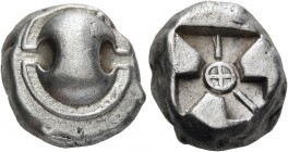 Boeotia 
Thebes. Circa 480-460 BC. Stater (Silver, 18 mm, 11.96 g). Boeotian shield. Rev. Incuse square with a recessed large triangle (divided by a ...