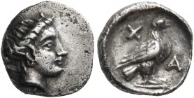 Euboia 
Chalkis. Circa 338-308 BC. Obol (Silver, 8.5 mm, 0.62 g, 3 h). Head of the nymph Chalkis to right. Rev. X-A Eagle standing to right. BCD 133....