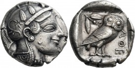 Attica 
Athens. Circa 460-455 BC. Tetradrachm (Silver, 24 mm, 17.23 g, 2 h). Head of Athena to right, wearing crested Attic helmet adorned with three...